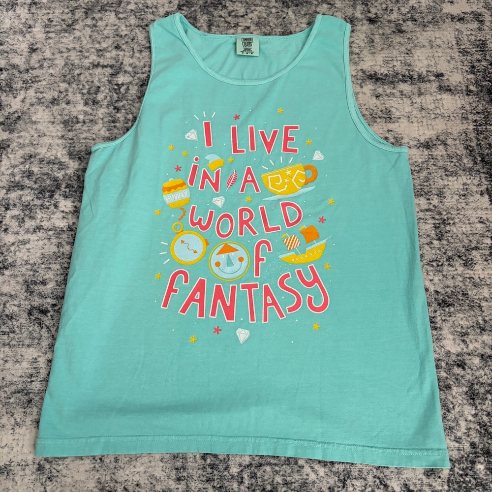 Comfort Colors Fantasy Land Inspired Disneyland Mens Tank Top Size M Teal Aqua